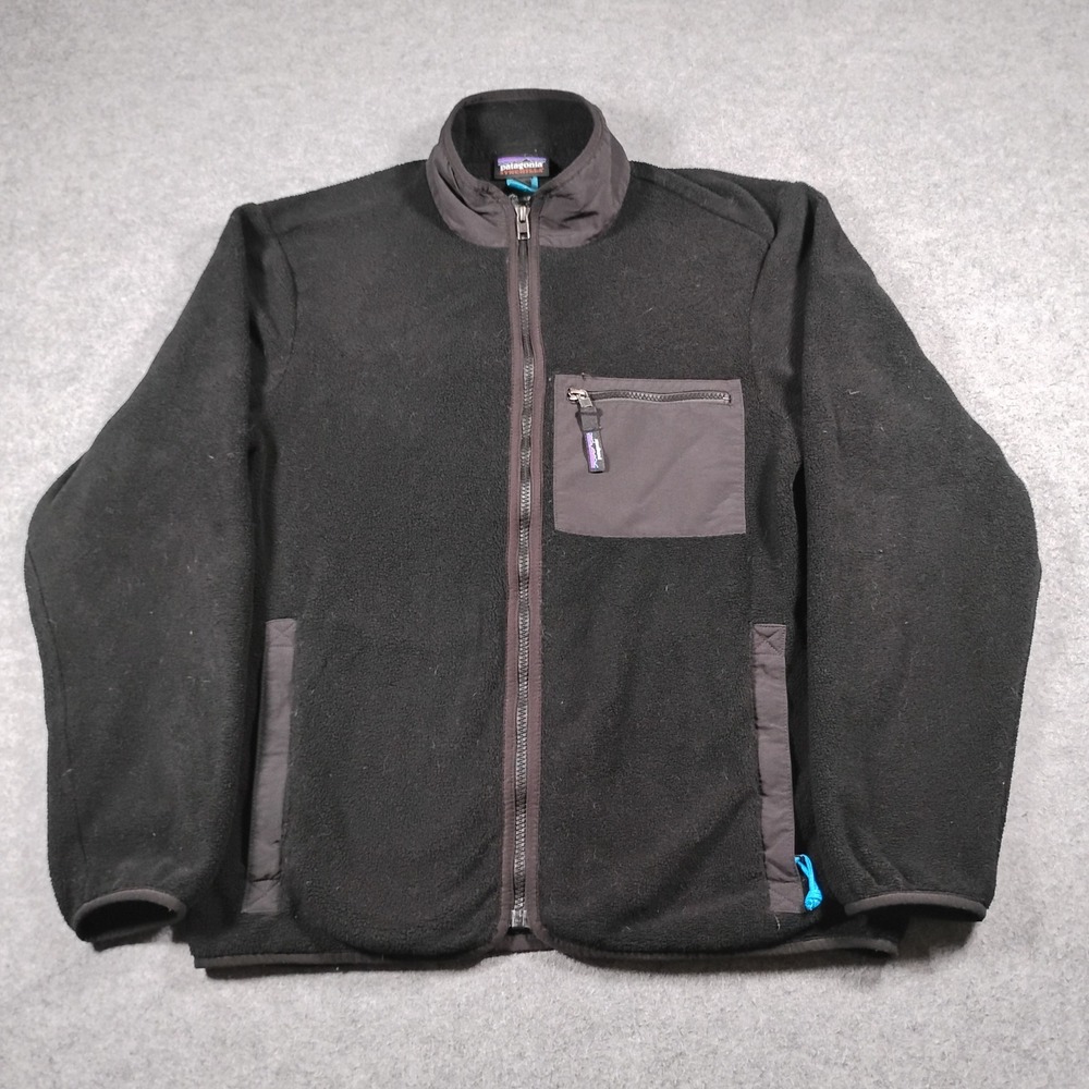Patagonia Synchilla Full Zip Fleece Jacket Black Mens Medium Company Logo
